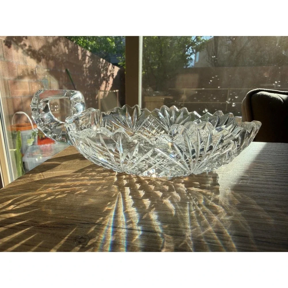 Vintage Cut Glass Crystal Serving Set Starburst Diamond Pattern 5 Pc Collection